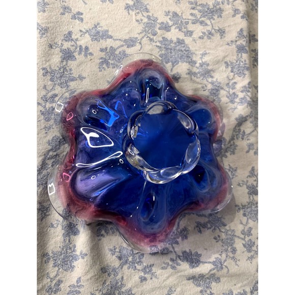 Pink Blue Hand Made 10" Glass Pedestal Bowl Bohemia Czech Republic Glass MCM - Picture 9 of 12